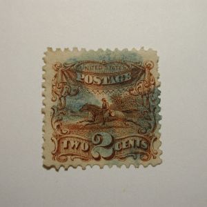 US Stamp Scott #113 Pictorial Issue 1869 2 Cent, Blue Fancy Cancel, Good Colo...