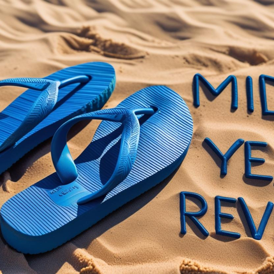 A pair of blue flip-flops on sandy ground next to text that reads "MID-YEAR REVIEW" shaped in the sand.
