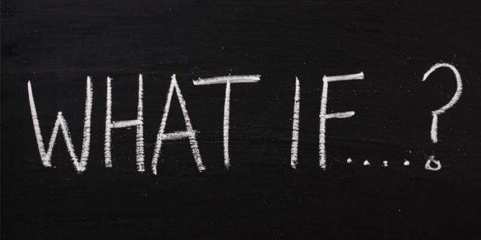 The image shows the words "WHAT IF....?" written in white chalk on a blackboard.